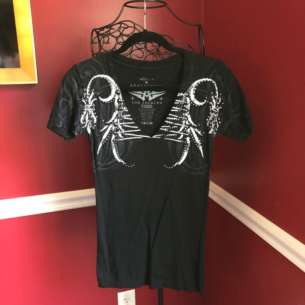Affliction black shirt size small with rhinestones